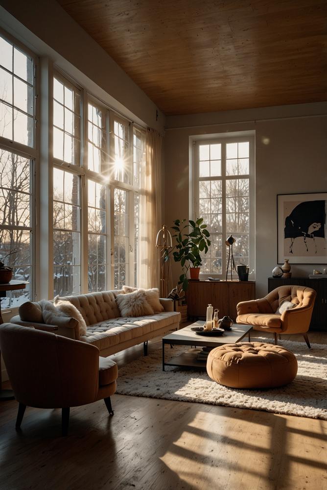 Helles Wohnzimmer mit warmer Wanddekoration im Winter