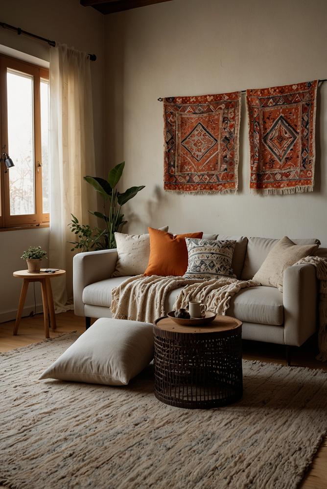 Helle Wohnung mit warmen Textilien an den Wänden im Winter