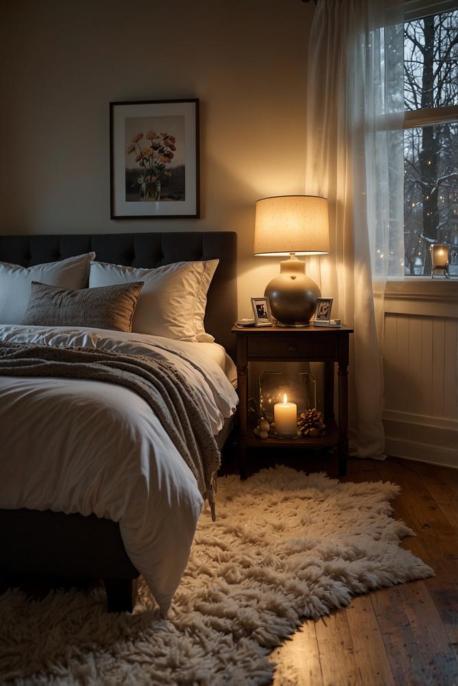 Gemütliches Schlafzimmer mit warmem Licht im Winter