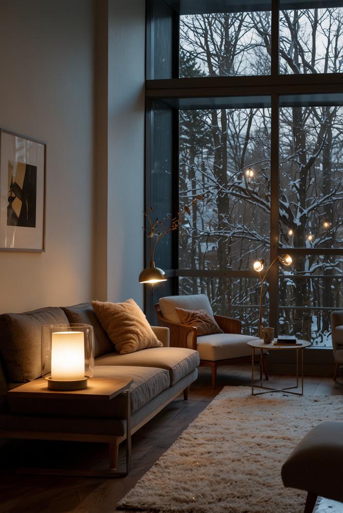 Wohnraum mit warmweißem Licht, hell und einladend im Winter