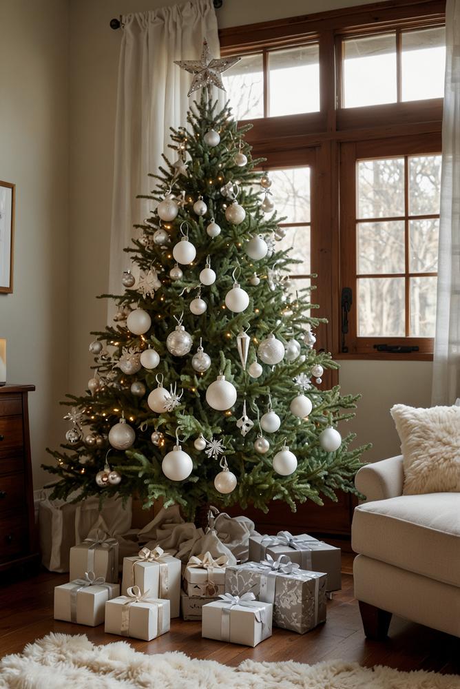 Weihnachtsbaum in Weiß Silber und Naturholz in modernem Raum