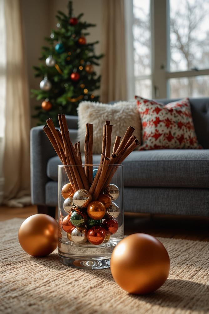 Weihnachtsdeko als stilvolle Vasenfuellung im Wohnzimmer