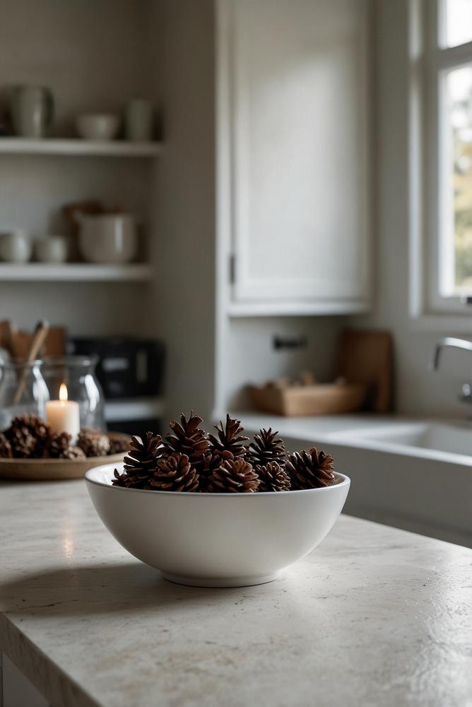 Weiße Kücheninsel mit eleganter Winterdeko im Sonnenlicht