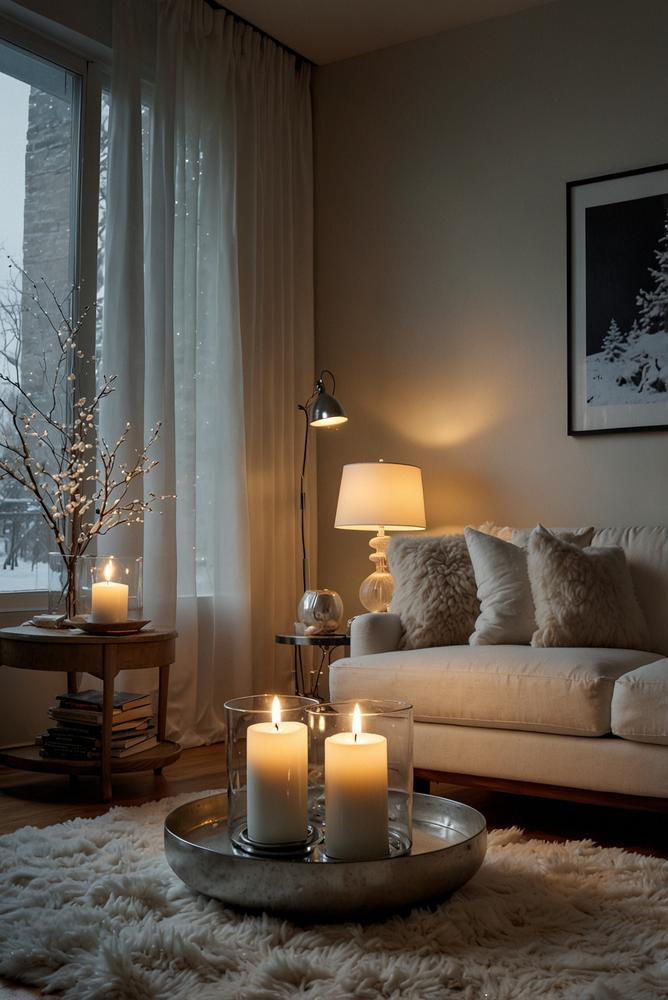 Weiße TV-Wand mit Lichterkette und Winterdeko