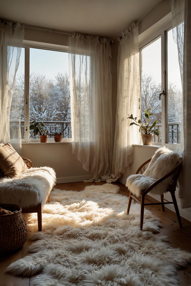 Heller weißer Balkon mit Lichterketten und Fellen im Winter