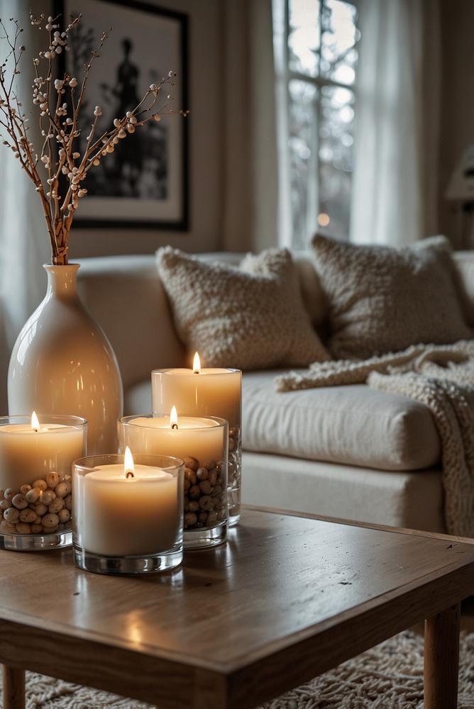 Weißer Couchtisch mit eleganter Winterdekoration im Wohnzimmer