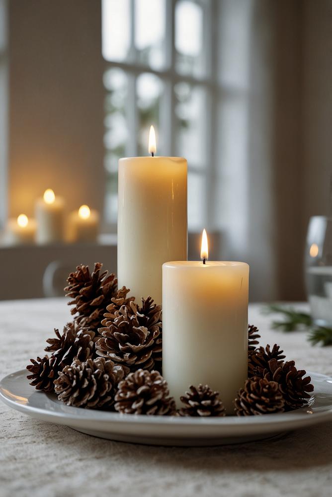 Weißer Esstisch mit elegantem Kerzenarrangement im Winter