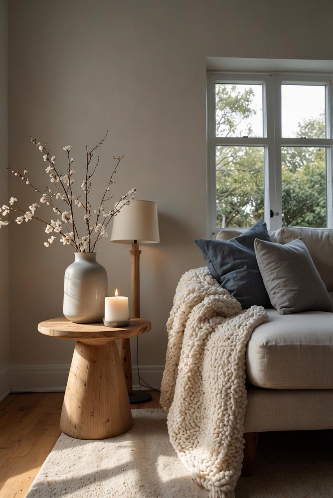 Weißes Regal mit skandinavischer Winterdeko hell und freundlich