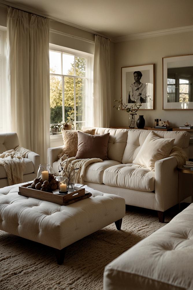 Weißes Sofa mit kuscheligen Kissen winterlich dekoriert