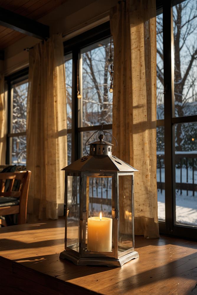 Wetterfeste Laternen auf gemütlichem Balkon im Winter