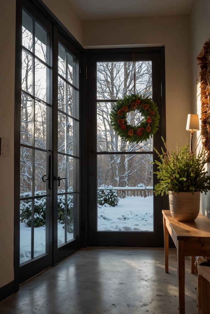 Einladender Eingangsbereich mit winterlichem Willkommenskranz