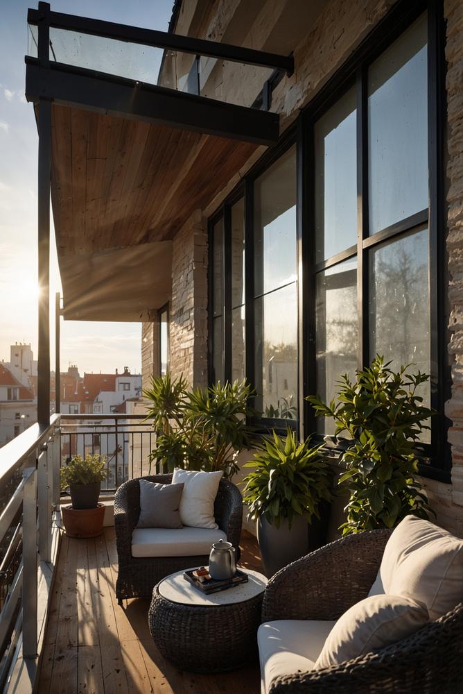 Winterlicher Balkon mit transparenten Windschutzpaneelen