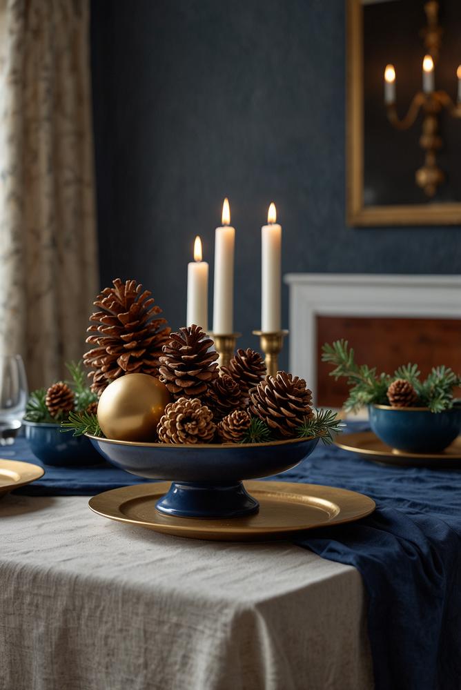 Winterliche esstischdeko in nachtblau und messing