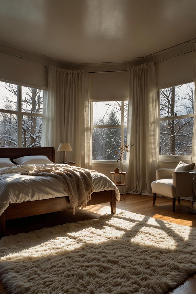 Gemütliches Winter Schlafzimmer mit dicken Vorhängen und Fensterisolierung