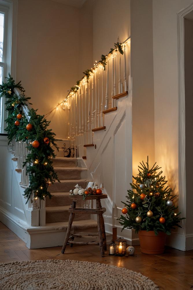 Flurtreppe mit hangenden tannengirlanden und winterdeko