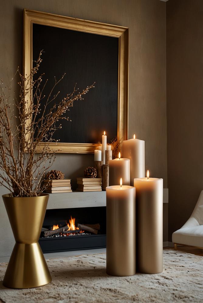 Kaminmantel mit Taupe und Gold Akzenten winterlich dekoriert