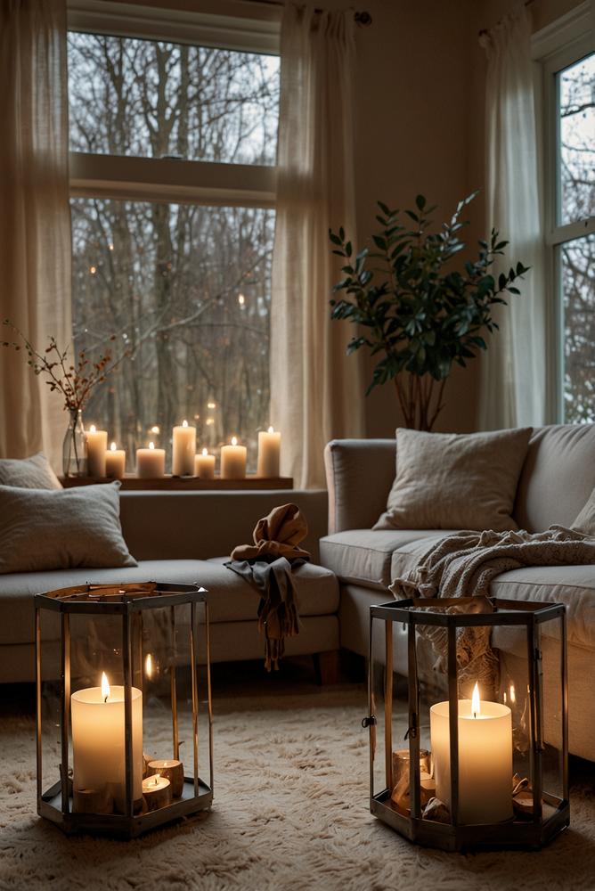 Winterliche Deko mit Kerzen und Laternen im Wohnzimmer