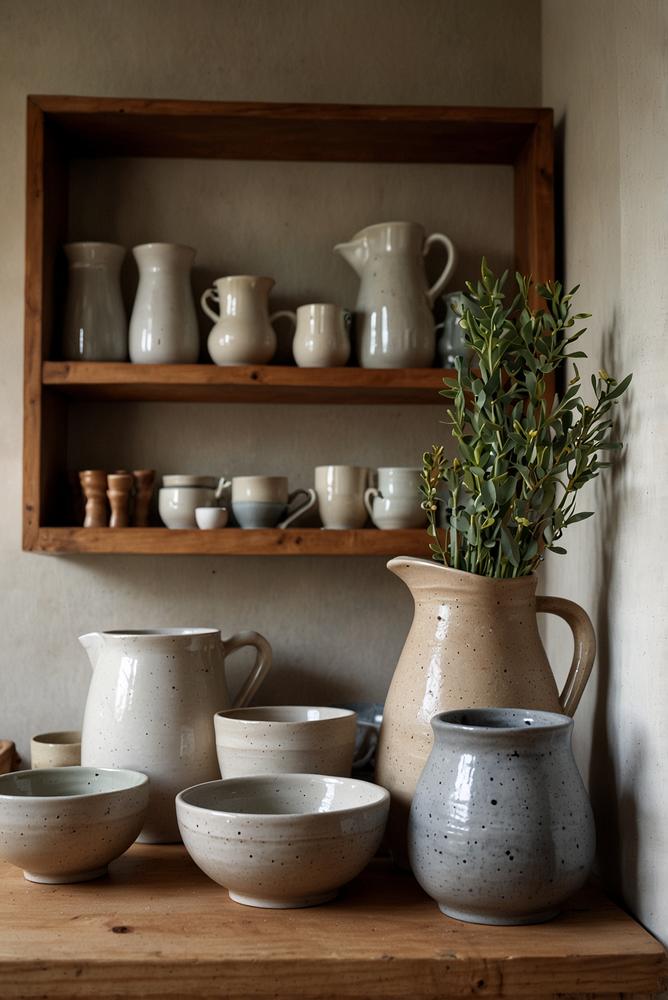 Helles Küchenregal mit cremefarbener und grauer Keramik