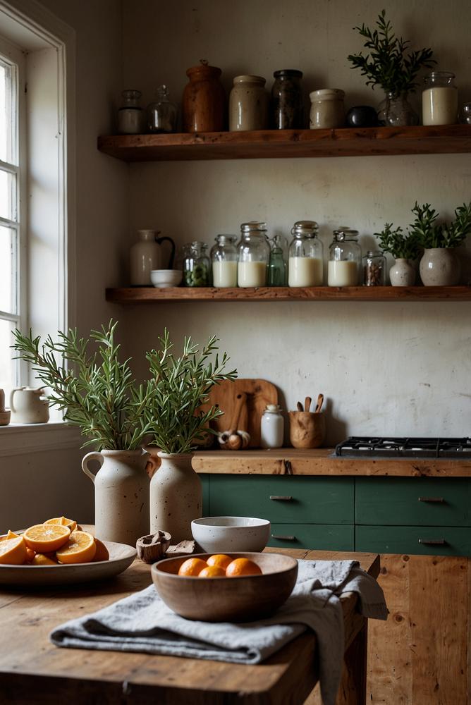 Winterliche Küchendeko auf offenen Regalen hell und einladend