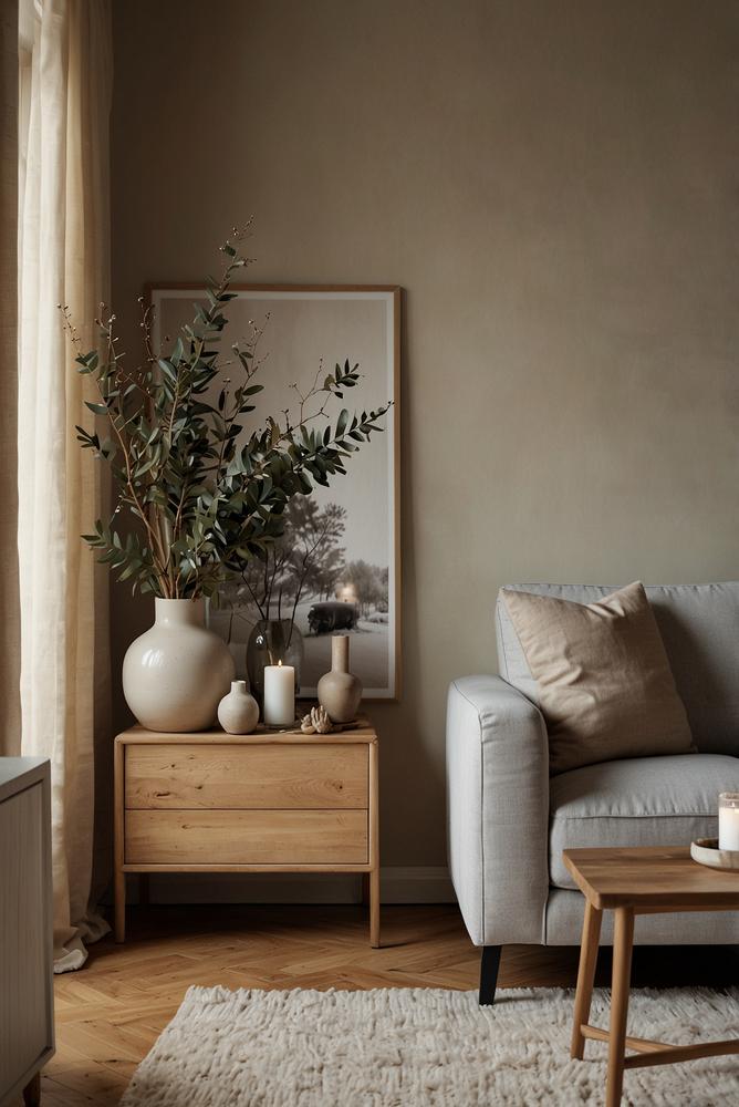 Elegante winterliche Sideboard-Deko mit Kerzen und Zweigen