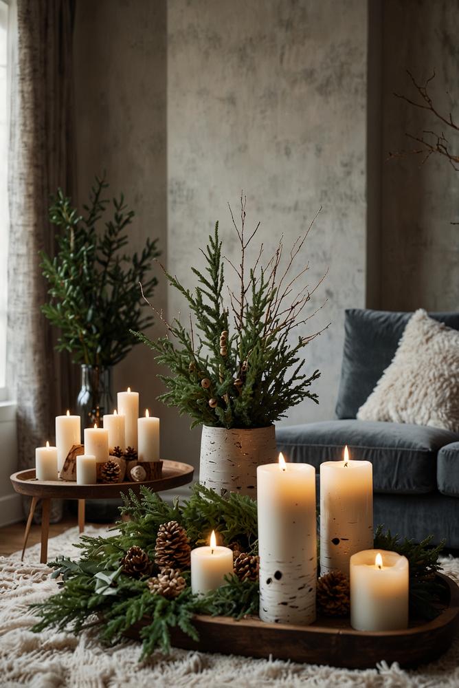 Helle winterliche Dekoration mit Tannenzweigen und Birkenholz