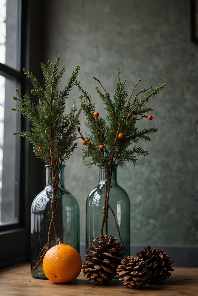 Tannenzweige in hohen Vasen als Winterdeko im Flur
