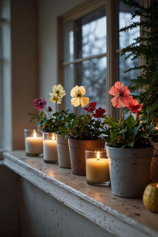 Winterfeste Pflanzen dekorativ auf Fensterbank im Winter