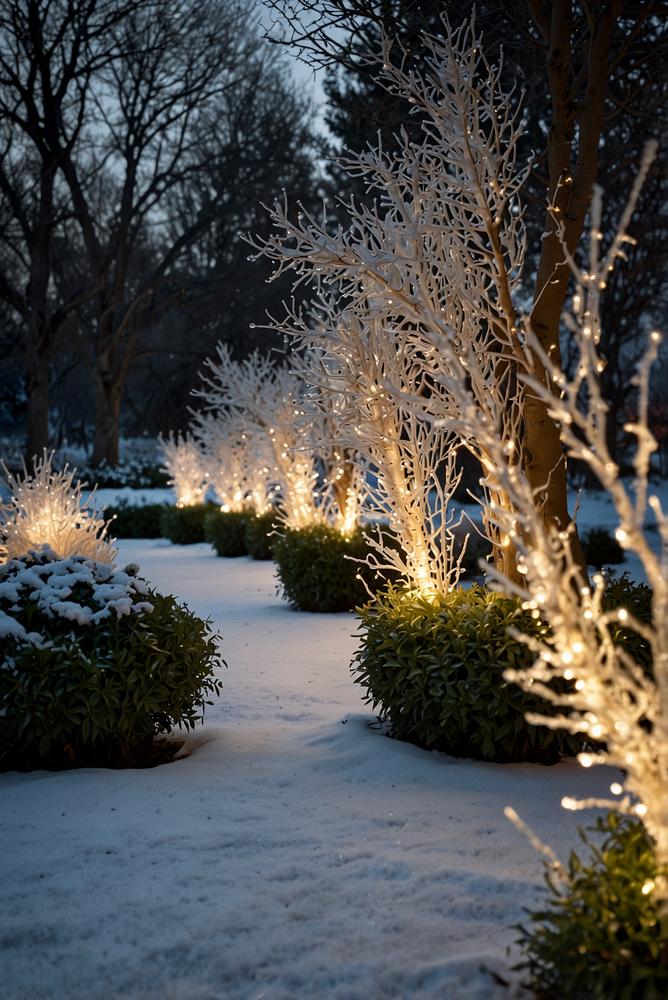 Wintergarten mit Eiszapfen und warmem Licht an Hecken