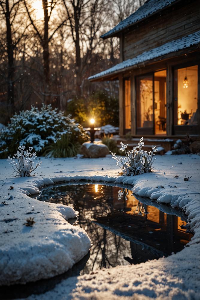 Gefrorenes Wasserbecken im winterlichen Garten mit Spiegel-Effekt