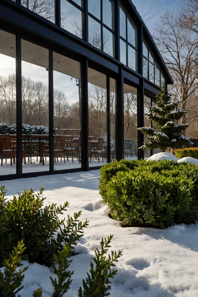 Wintergarten mit immergrünen Sträuchern und Schnee