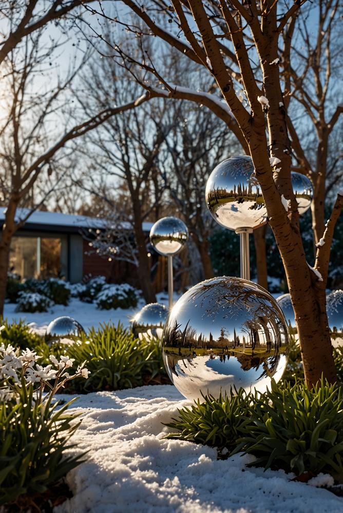 Wintergarten mit reflektierenden Kugeln und Metallornamenten