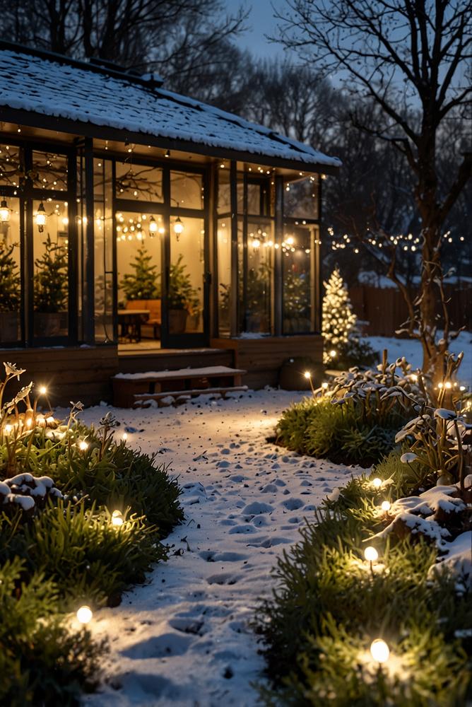 Wintergarten mit warmen Lichterketten und Solarlampen