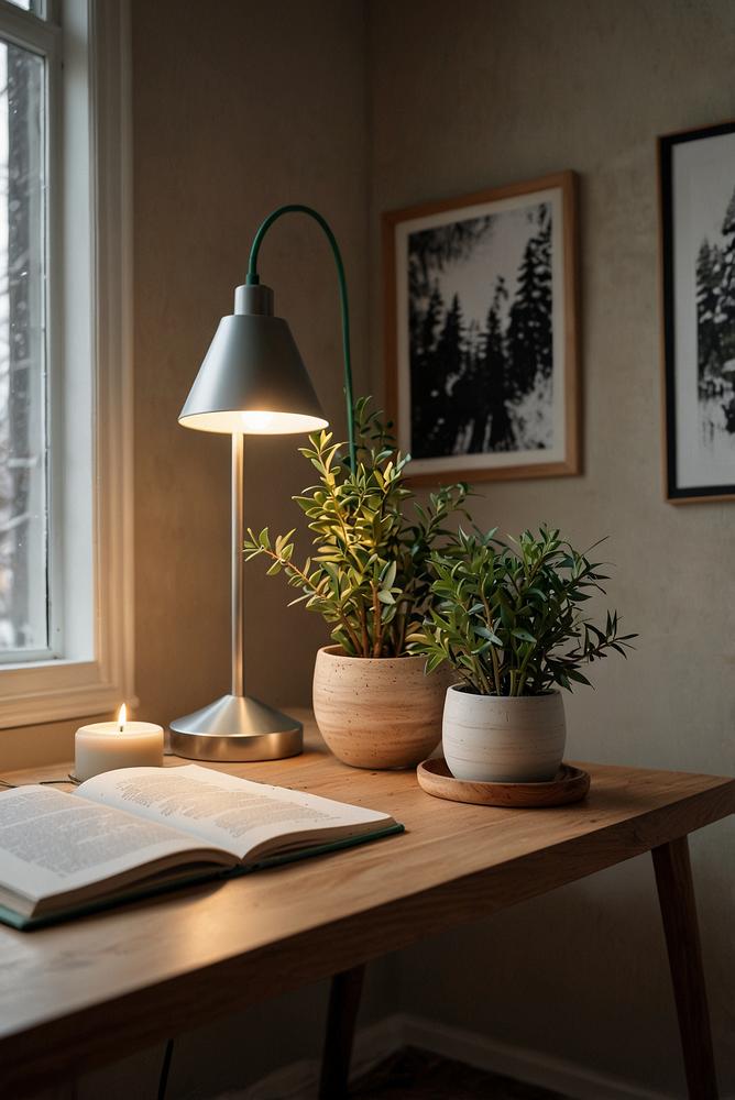 Winterliche Arbeitszimmereinrichtung mit ruhigen Farbakzenten