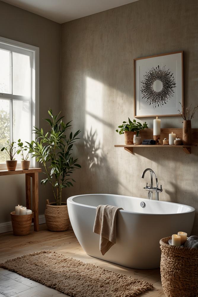 Winterliche Baddekoration mit Holzelementen und Kerzenhaltern