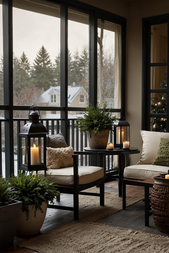 Winterliche Balkon Deko mit Laternen und Outdoor Textilien