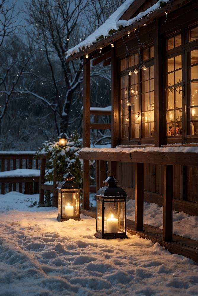 Winterlicher Balkon mit Lichterketten und Laternen, frostfest und einladend