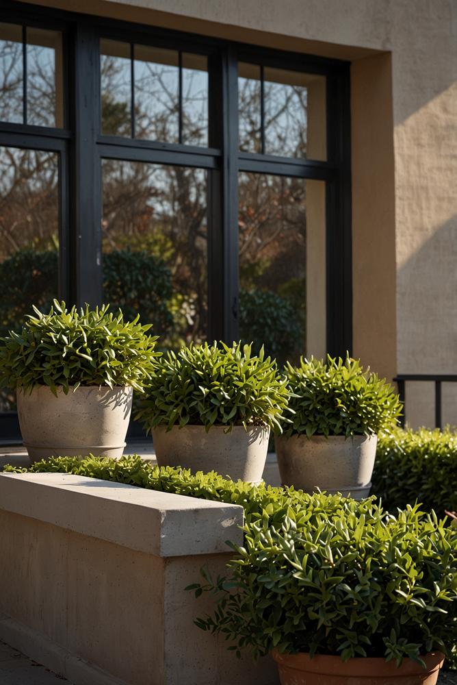 Winterlicher Balkon mit immergrünen frostfesten Pflanzen in Kübeln