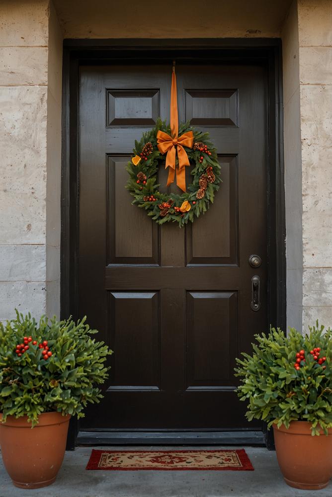 Dekorativer Türgriffschmuck an winterlicher Haustür