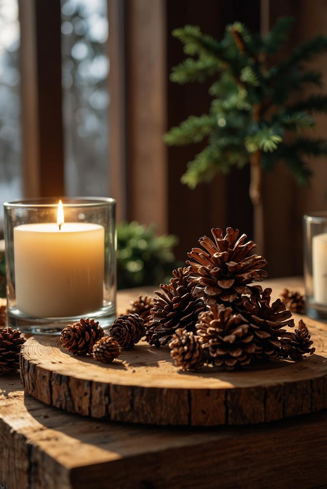 Helle winterliche Deko mit Tannenzapfen-Kerzenhaltern