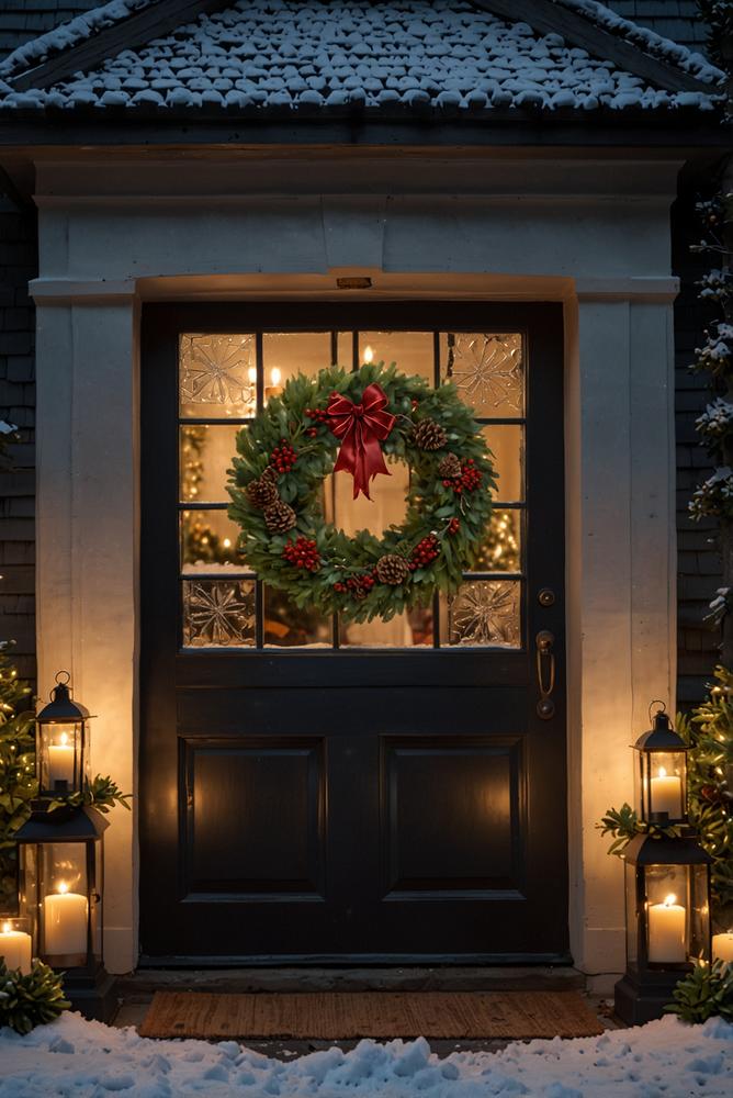 Winterliche Eingangsdeko mit Kranz, Laterne und Fussabtreter
