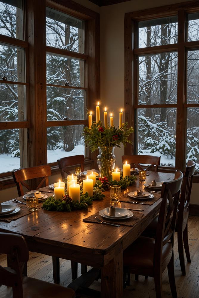 Winterliche Esstisch-Deko mit Kerzen und Tannenzweigen