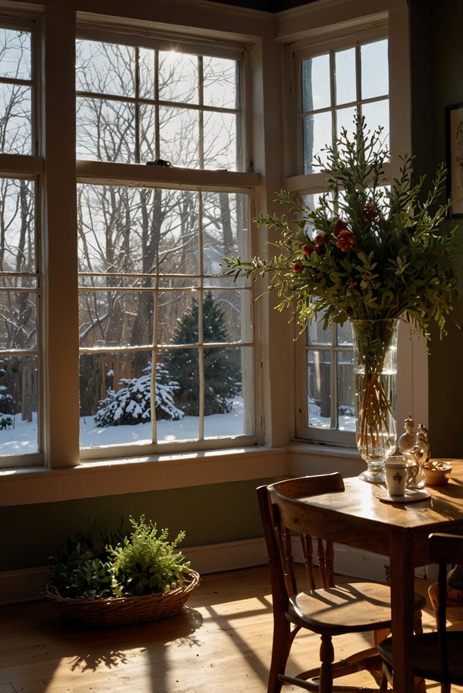 Fensterbank mit Lichterkette und winterlichen Kräutern im Esszimmer