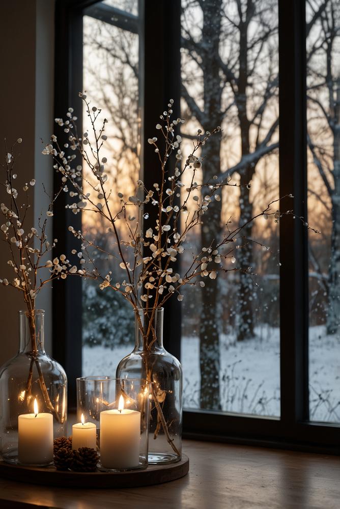 Fensterdeko mit frostigen Glasvasen winterlich und modern