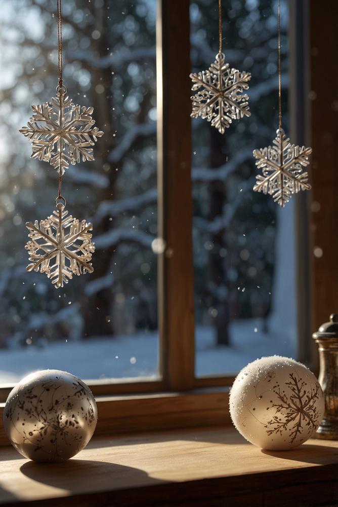 Winterliche Fenster mit hängenden Glasornamenten und Wasserlicht