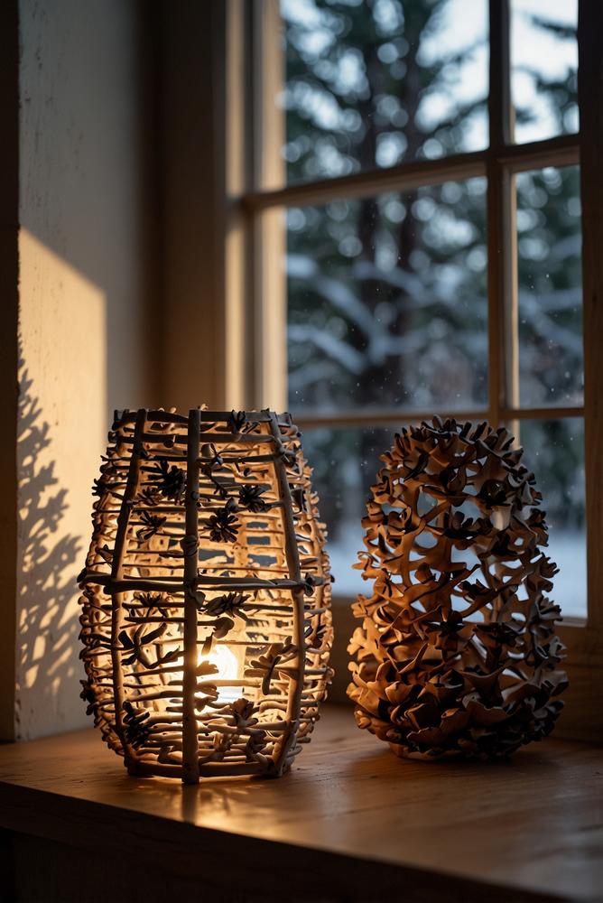 Winterliche Fensterbank mit Holz-Silhouetten aus Häusern und Tannen