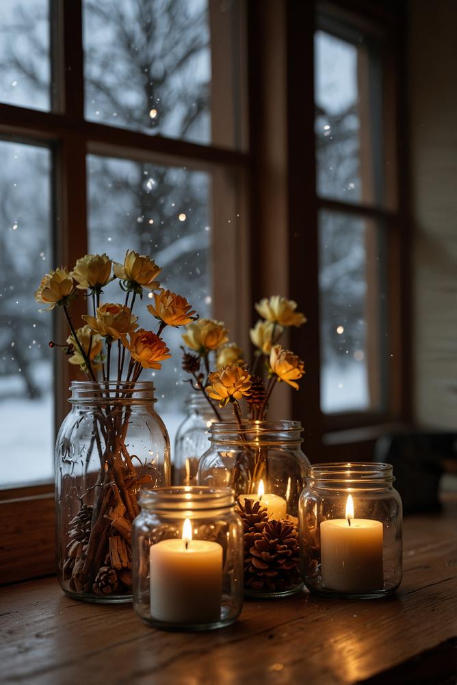 Winterliche Fensterdekoration mit LED-Kerzen im Glas