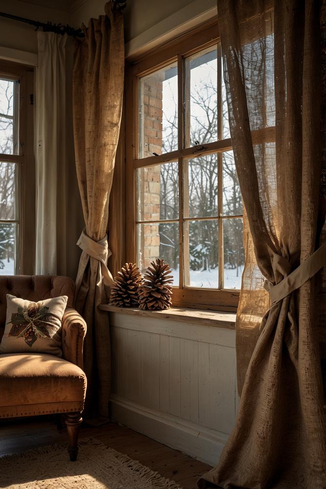 Winterliche Fensterdeko mit Sackleinen und Kiefernzapfen