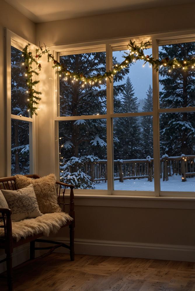 Winterliche Fensterdeko mit Tannengirlanden und Lichterketten