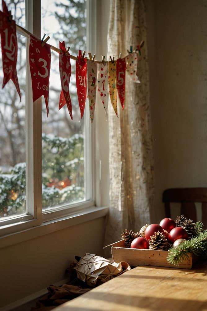 Winterliche Fensterdekoration mit Adventskalender-Taschen auf Leine