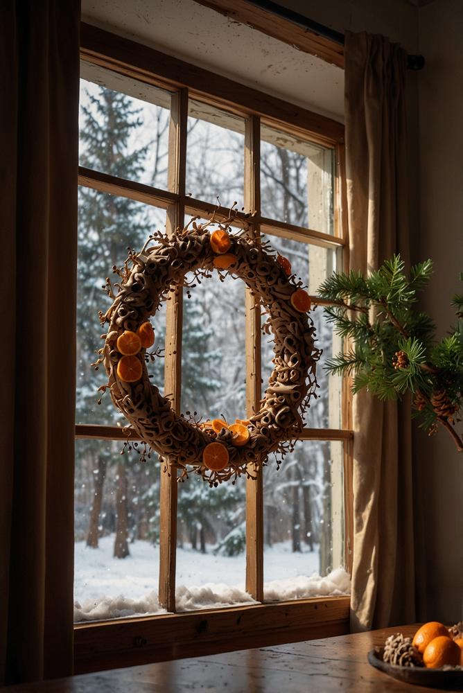 Window with winter wreath of dried oranges and cinnamon